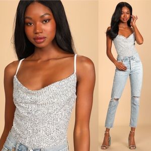 Midnight Soiree Silver Sequin Cowl Neck Bodysuit